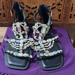 Black Jeweled Ankle-Strap Sandals with Iridescent Crystals